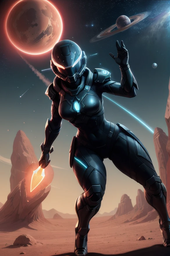 spacesuit, armor, helm, sky, (dynamic pose:1.2), gradient, glowing eye, shadow, planet, medium breasts, glowing, <lora:SpacesKnigts3.1:0.4>