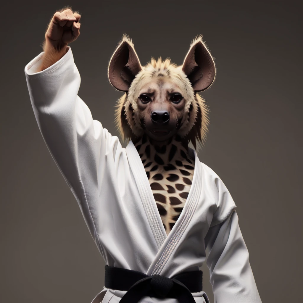 arm up, hyena, black belt , <lora:blackbelt_v1:0.7>