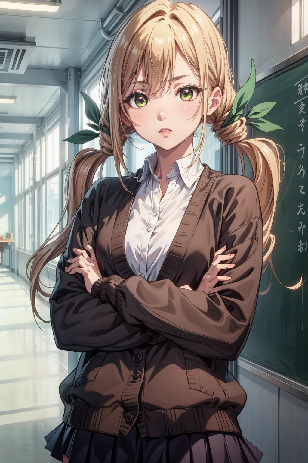 <lora:more_details:0.5>,  <lora:karane-hakari-09:0.7>, karane_wz,vblonde hair, twintails, long hair, hair ribborn, hair ornament, green eyes,v-shaped eyebrows, green ribbon, pleated skirt,miniskirt, black skirt, white shirt, collared shirt, long sleeves, wing collar, brown cardigan, classroom, crossed arms,, 1girl, (masterpiece:1.3), (high resolution), (8K), (extremely detailed), (4k), (pixiv), perfect face, nice eyes and face, (best quality), (super detailed), detailed face and eyes, (solo), textured skin, absurdres, highres