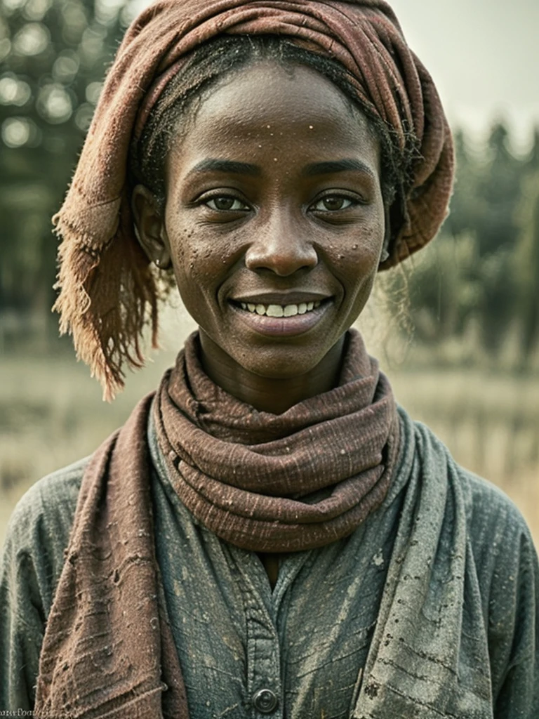 emotional photo of happy smiling african woman Joanna, proffesional photomodel, in rugged ornamental clothes, (clean hands pose,:1.2)dark suntanned skin, (red scarf:1.1), native ethnic wooden necklace, blue coat, face, perfect teeth, 8k uhd, high quality, film grain, looking at viewer, portrait, (skin pores:1.2), (moles:0.8), (imperfect skin:1.1), intricate details, goosebumps, flawless face, ((photorealistic):1.1), (raw, 8k:1.2), hyper realistic, HDR, cinematic, dark, muted colors, atmosphere, ((macro lens)), after dusk, outdoors
<lora:entropy-alpha:0.19>