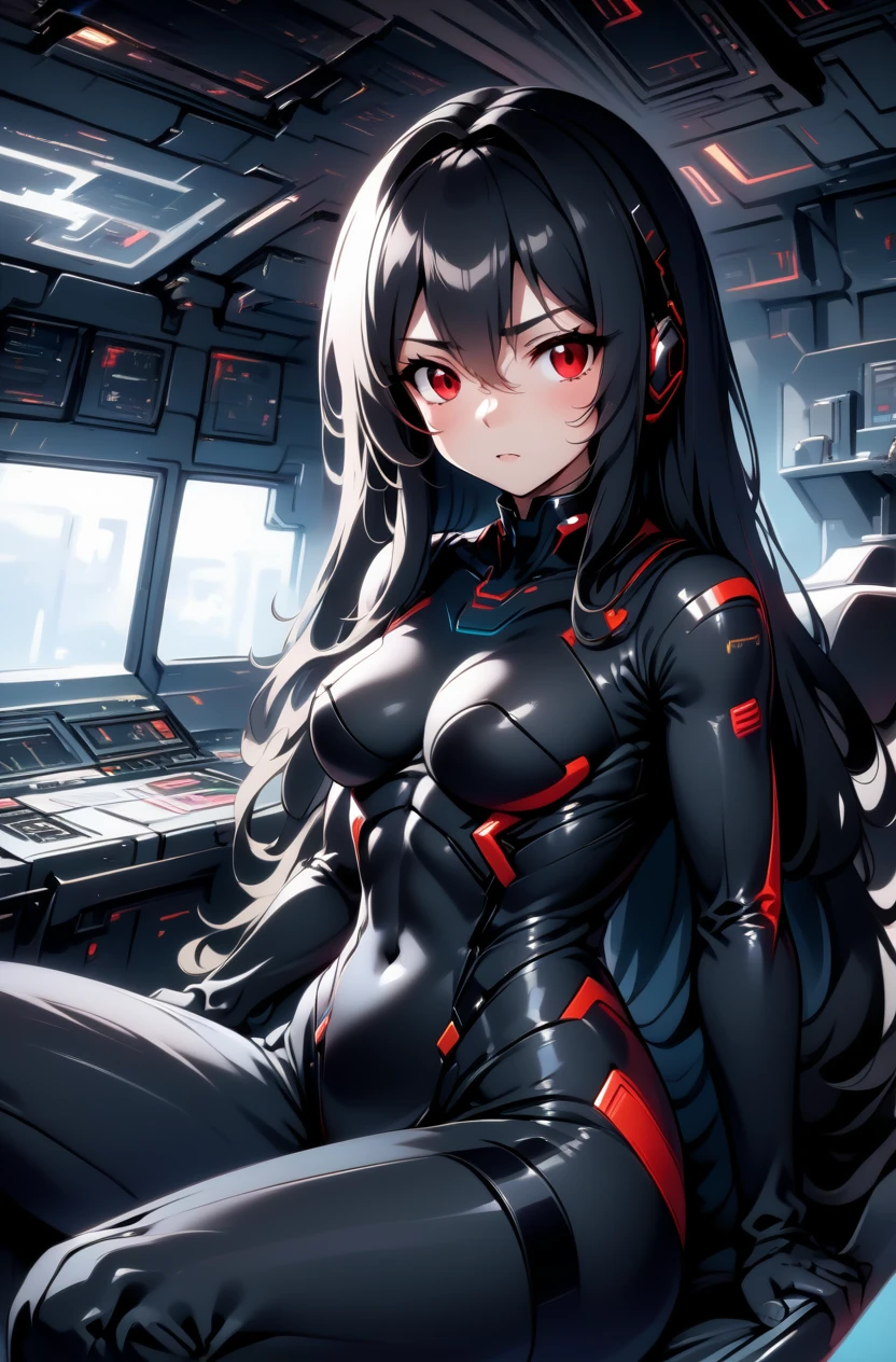 1girl, long hair, red eyes, black hair, bodysuit, science fiction, spacecraft interior, floating hair, headset, sitting, cameltoe,