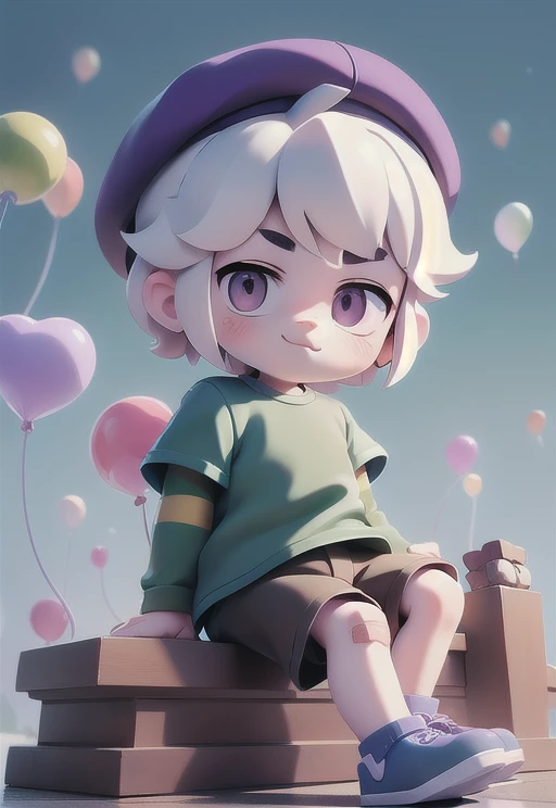 (masterpiece, best quality, hires, high resolution:1.1), (, intricate details, highres) , boy , bsgus , blue short-sleeved shirt ,blue shirt , shirt, white hair, purple beret , brown shorts, band-aid on foot , :3 ,green Sleeves under shirt ,green sleves , In acemetery , Purple Shoes , child , <lora:bsgus:0.8> sit,