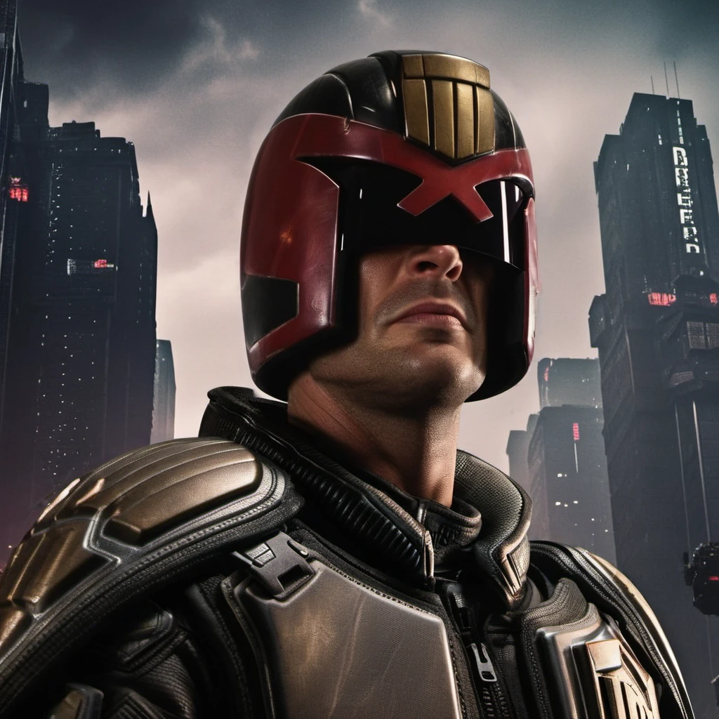 Dredd1024, a man in uniform, cyberpunk city background, highly detailed , photography, ultra sharp, film, bokeh, professional, 4k, highly detailed   <lora:add-detail-xl:1.5> <lora:Dredd1024:0.7>