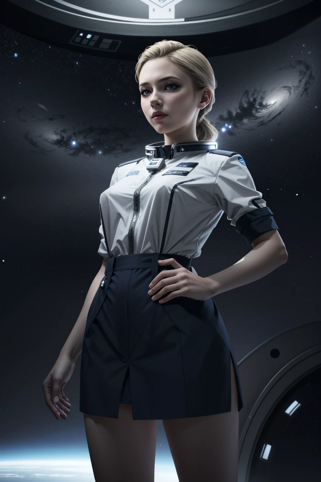 ((masterpiece, best quality))
 <lora:DChloe:0.8>
DChloe, 1girl, solo, inside a futuristic space station, stars and space background, standing straight with hands clasped behind