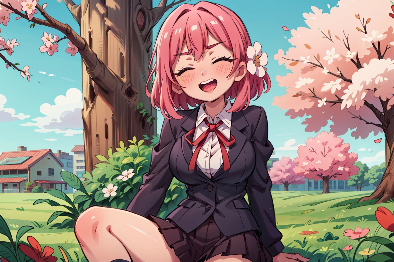 <lora:more_details:0.5>, <lora:karane-hakari-09:0.7> , hakari_wz, pink hair, medium hair,hair ornament, hair flower, green eyes,school uniform, black skirt, miniskirt, pleated skirt, black jacket, white shirt,collared shirt, long sleeves, neck ribbon,ribbon, thighs, large breasts, cherry blossoms, tree, closed eyes, :), light blush, wind, beautiful, 1girl, (masterpiece:1.3), (high resolution), (8K), (extremely detailed), (4k), (pixiv), perfect face, nice eyes and face, (best quality), (super detailed), detailed face and eyes, (solo), textured skin, absurdres, highres