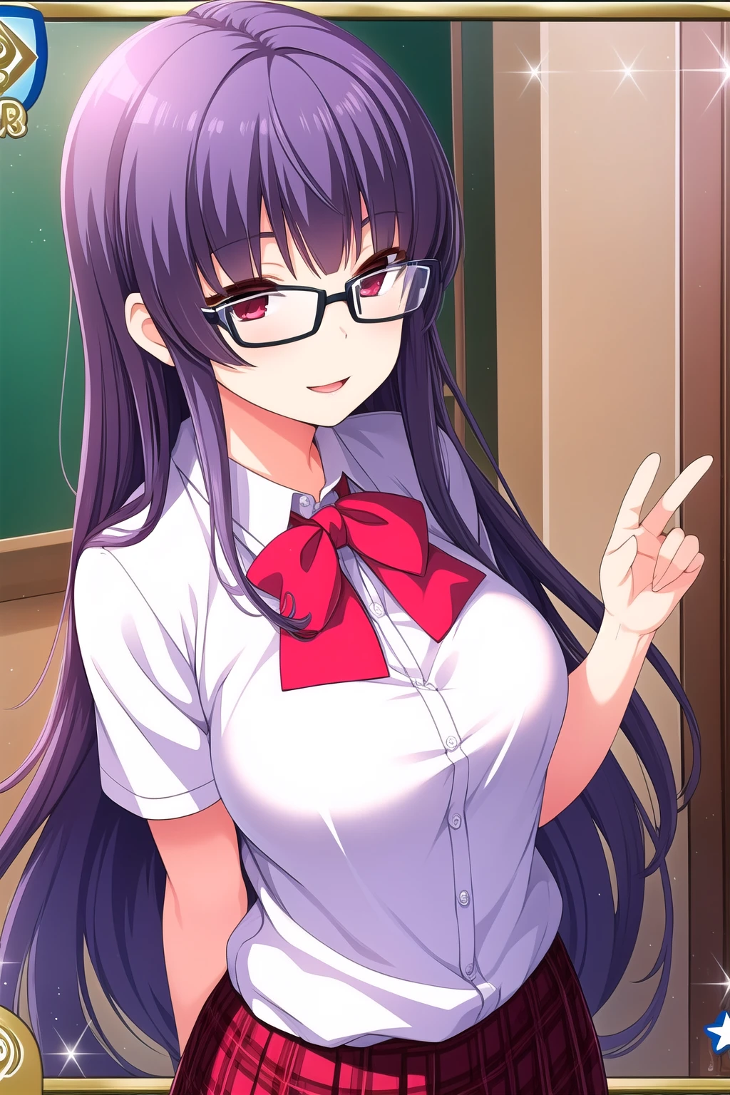 (masterpiece, best quality), highly detailed background, perfect lightingbest quality, kagurazakasaya, solo, purple hair, bangs, very long hair, glasses, red eyes, breasts, white shirt, red bowtie, red skirt, plaid skirt, school uniform, smile, open mouth, pink lips, <lora:Kagurazaka-Saya:0.7>