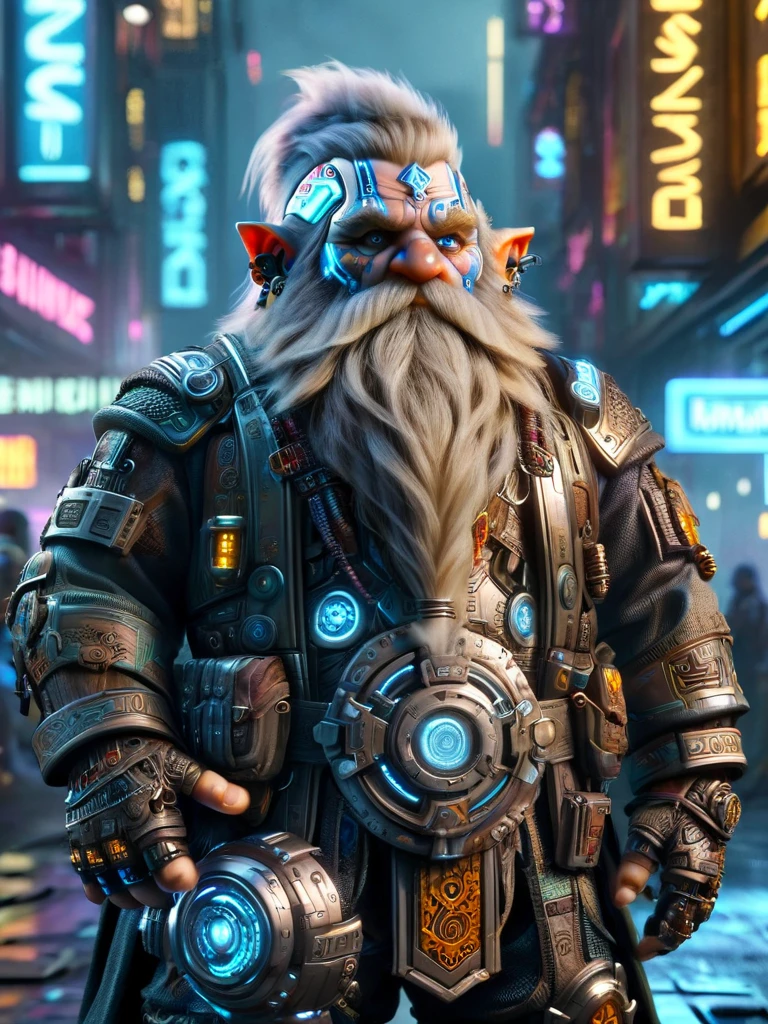 dwowarf, cyberpunk, a dwarf in a cyberpunk city <lora:dwowarf-sdxl:1>