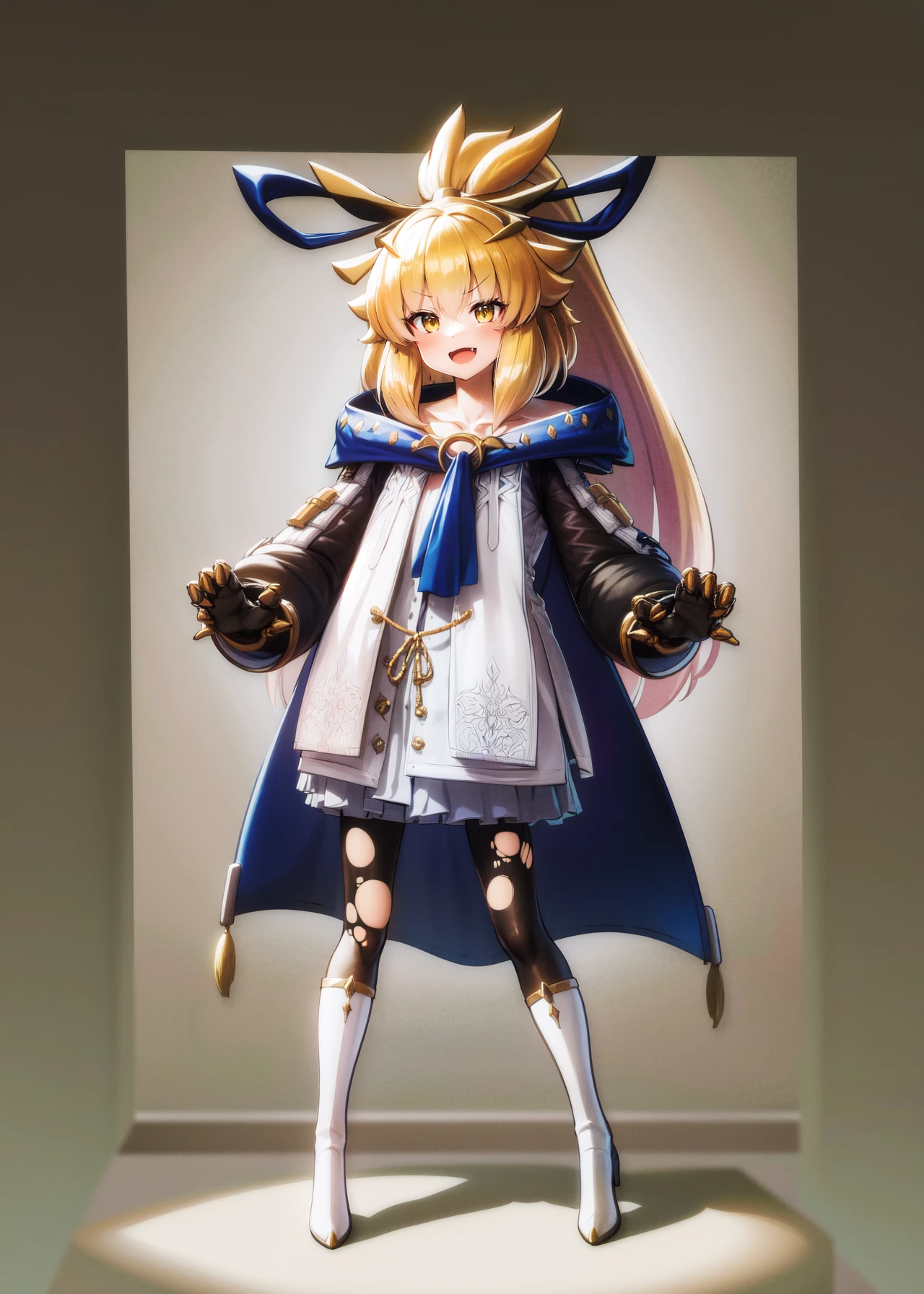 (masterpiece, best quality, highres:1.4), <lora:SofinaLora1:1> a beautiful picture of a girl standing,
1girl, solo, blonde hair, dress, white background, white dress, long hair, simple background, ribbon, open mouth, full body, yellow eyes, smile, fang, bangs, hair ribbon, hair between eyes, looking at viewer, ponytail, blue ribbon, torn clothes, gauntlets, pantyhose, :d, blue cape, boots, standing, long sleeves, hair ornament, v-shaped eyebrows, frills, cloak, outstretched arm, torn pantyhose, gloves, skin fang, frilled dress, black pantyhose, collarbone, blush, very long hair, cape, ascot, claws, high ponytail, hood, yellow ribbon, sidelocks, jewelry, blue ascot, armor, sleeves past wrists, wide sleeves, , knee boots, collared dress, blue cloak, armored boots, claw (weapon), shoes, flat chest, coat, legs apart, white footwear