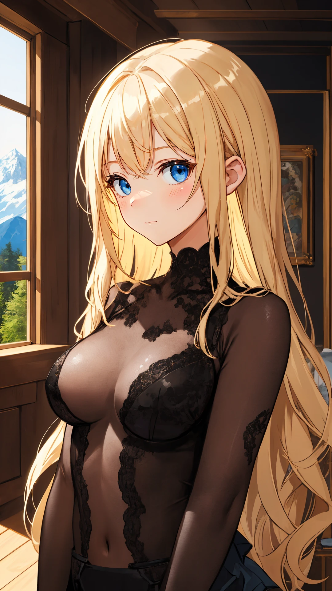(masterpiece), (best quality), looking at viewer, 1girl, bright skin, (shiny skin:1.2), (black theme), indoors, curious face, upper body, (natural wavy:0.8), medeum breasts, day, layered style, mountain,