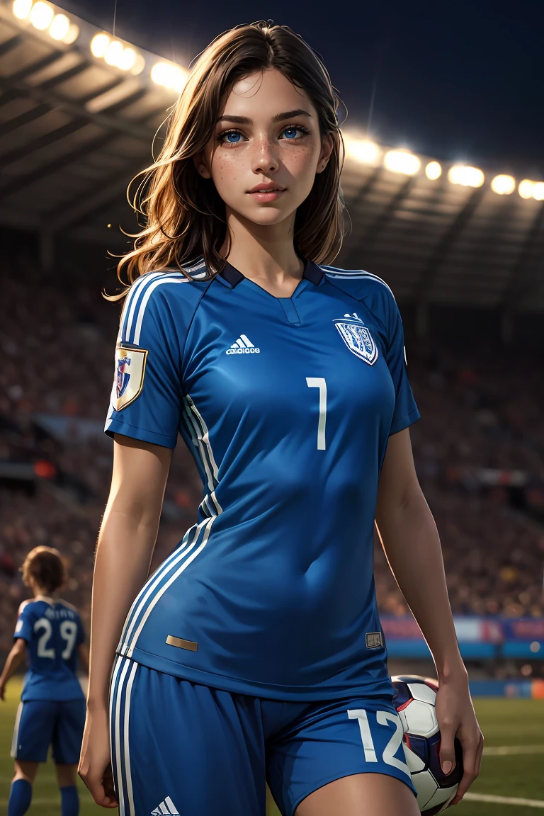 cowboy shot ,beautiful:1.2, (cute:1.3) (curvy:0.7), female soccer player in a crowded stadium,  (smiling:0.7), detailed skin, (realistic skin:1.2), (freckles:0.9), blue eyes, full lips, broad cheek,soccer ball, cinematic pose,masterpiece, ultra realistic, realistic light, (saturation), photorealistic, best quality, <lora:GoodHands-vanilla:1>