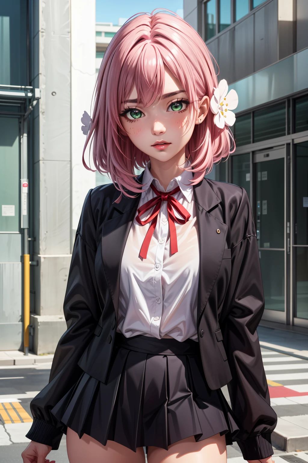 <lora:more_details:0.5>, <lora:karane-hakari-09:0.7>, hakari_wz, pink hair, medium hair,hair ornament, hair flower, green eyes,school uniform, black skirt, miniskirt, pleated skirt, black jacket, white shirt,collared shirt, long sleeves, neck ribbon,ribbon, thighs, large breasts, classroom, modeling, 1girl, (masterpiece:1.3), (high resolution), (8K), (extremely detailed), (4k), (pixiv), perfect face, nice eyes and face, (best quality), (super detailed), detailed face and eyes, (solo), textured skin, absurdres, highres