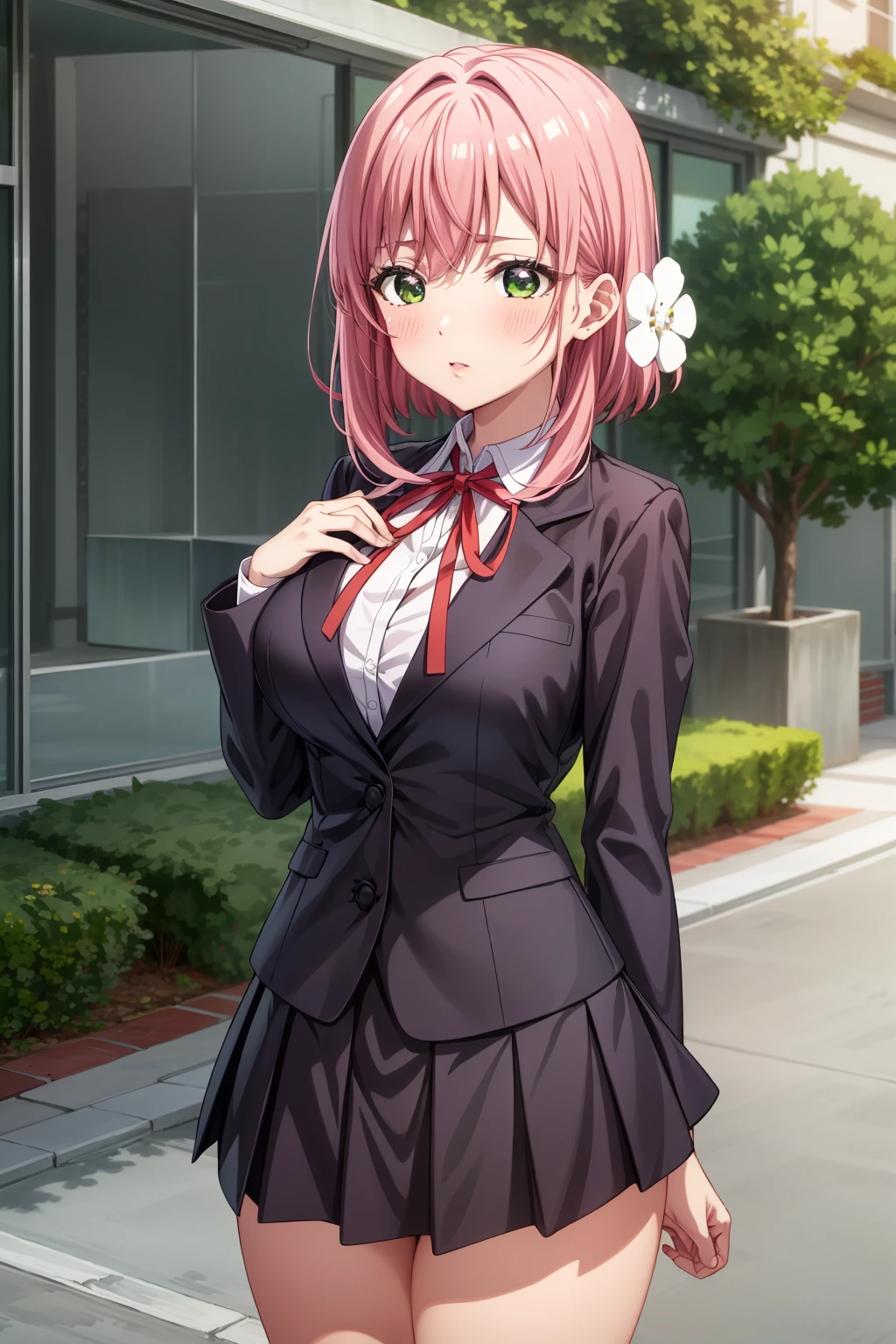 <lora:more_details:0.5>, <lora:karane-hakari-09:0.7>, hakari_wz, pink hair, medium hair, hair ornament, hair flower, green eyes, school uniform, black skirt, miniskirt, pleated skirt, black jacket, white shirt,collared shirt, long sleeves, neck ribbon,ribbon, thighs, large breasts, standing, cowboy shot, looking at viewer, outdoors, blush, 1girl, (masterpiece:1.3), (high resolution), (8K), (extremely detailed), (4k), (pixiv), perfect face, nice eyes and face, (best quality), (super detailed), detailed face and eyes, (solo), textured skin, absurdres, highres