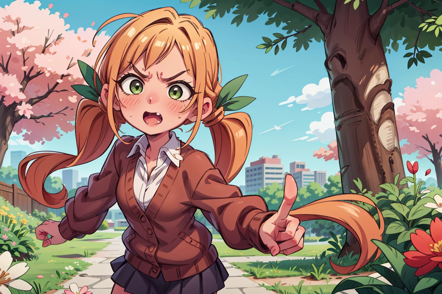<lora:more_details:0.5>,  <lora:karane-hakari-09:0.7>, karane_wz,vblonde hair, twintails, long hair, hair ribborn, hair ornament, green eyes,v-shaped eyebrows, green ribbon, pleated skirt,miniskirt, black skirt, white shirt, collared shirt, long sleeves, wing collar, brown cardigan, cherry blossoms, tree, :), full-face blush, wind, beautiful, cowboy shot, pointing at viewer, angry,, 1girl, (masterpiece:1.3), (high resolution), (8K), (extremely detailed), (4k), (pixiv), perfect face, nice eyes and face, (best quality), (super detailed), detailed face and eyes, (solo), textured skin, absurdres, highres