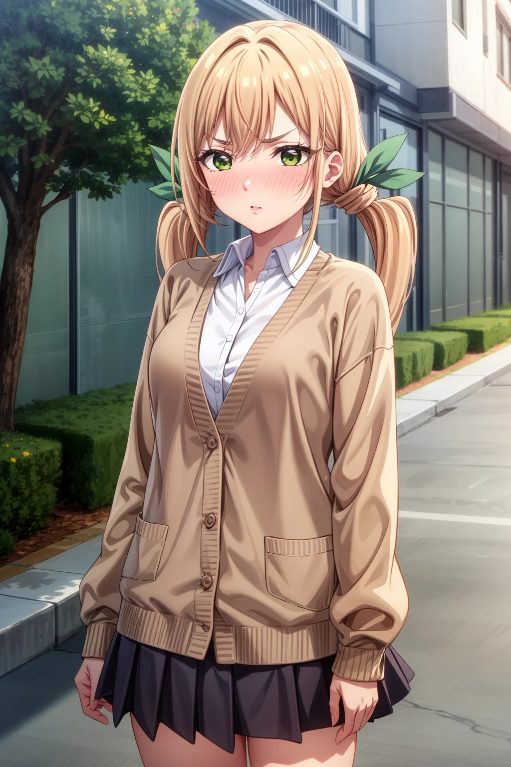 <lora:more_details:0.5>, <lora:karane-hakari-09:0.7>,karane_wz,vblonde hair, twintails, long hair, hair ribborn, hair ornament, green eyes,v-shaped eyebrows, green ribbon, pleated skirt,miniskirt, black skirt, white shirt, collared shirt, long sleeves, wing collar, brown cardigan, standing, cowboy shot, looking at viewer, outdoors, nose blush, full-face blush, :s, 1girl, (masterpiece:1.3), (high resolution), (8K), (extremely detailed), (4k), (pixiv), perfect face, nice eyes and face, (best quality), (super detailed), detailed face and eyes, (solo), textured skin, absurdres, highres