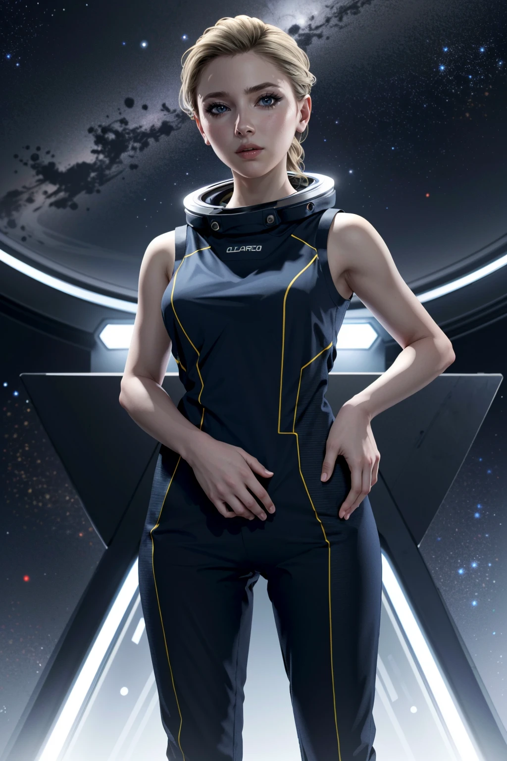 ((masterpiece, best quality))
<lora:DChloe:0.8>
DChloe, 1girl, solo, inside a futuristic space station, stars and space background, standing straight with hands clasped behind