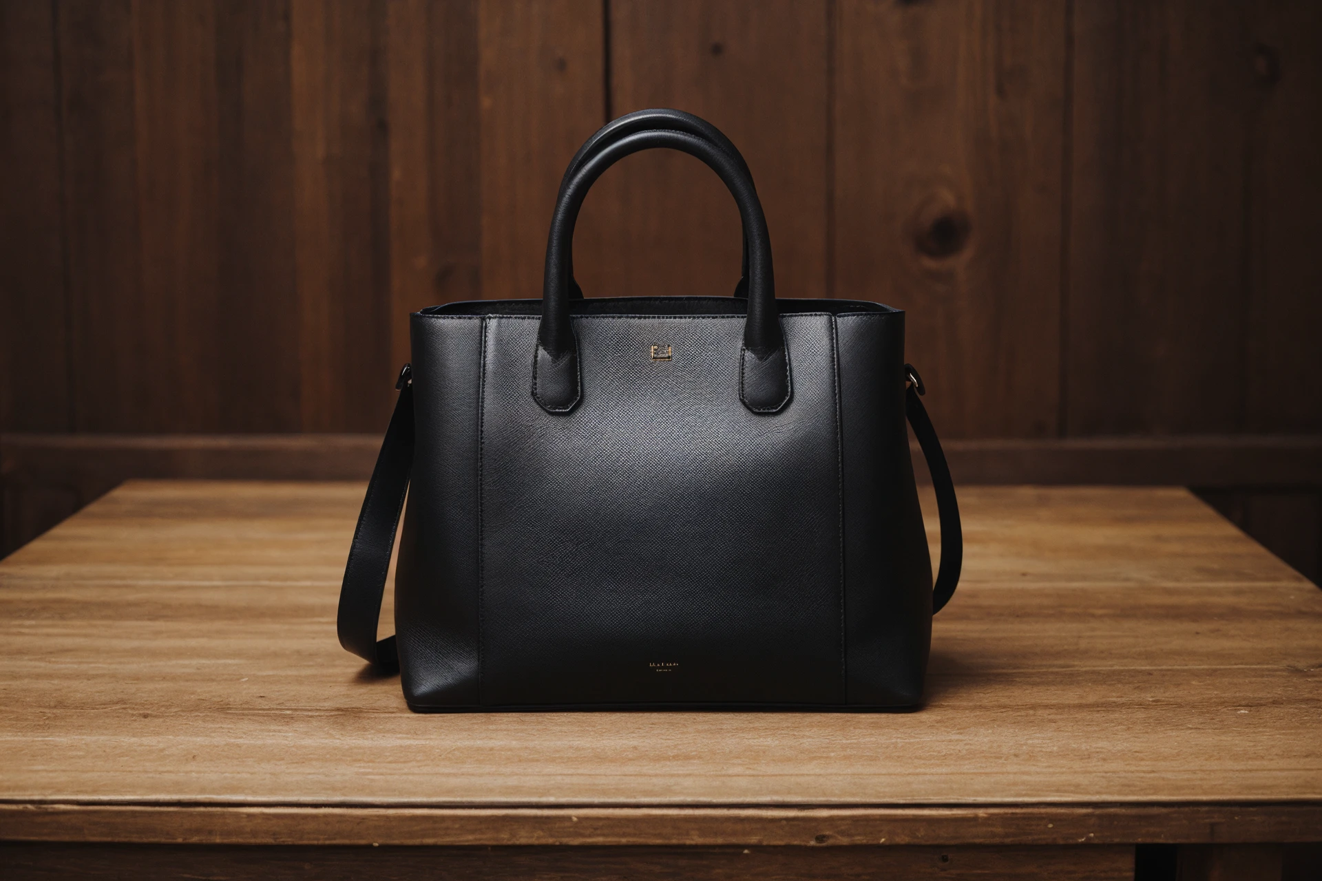advertisement photography, black leather handbag from luis vitton on a wooden table epicphoto