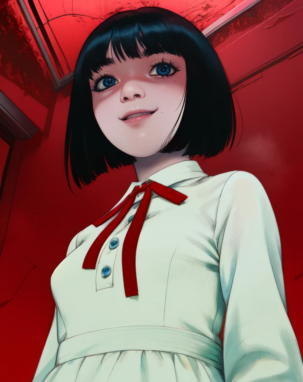 hanakosan,blue eyes,black bob,white dress,red neck ribbon,
abandoned japanese school,indoors,from below,
upper body,standing,looking at viewer,smile,
red background,horror \(theme\),
(insanely detailed, beautiful detailed face,beautiful detailed eyes, masterpiece, best quality),<lora:hanakoSanGT-10v7:0.8>,