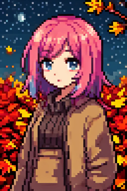 1girl, multicolored pink hair, upperbody, pixel world,nature, forest, autumn, yellow leaf, night sky