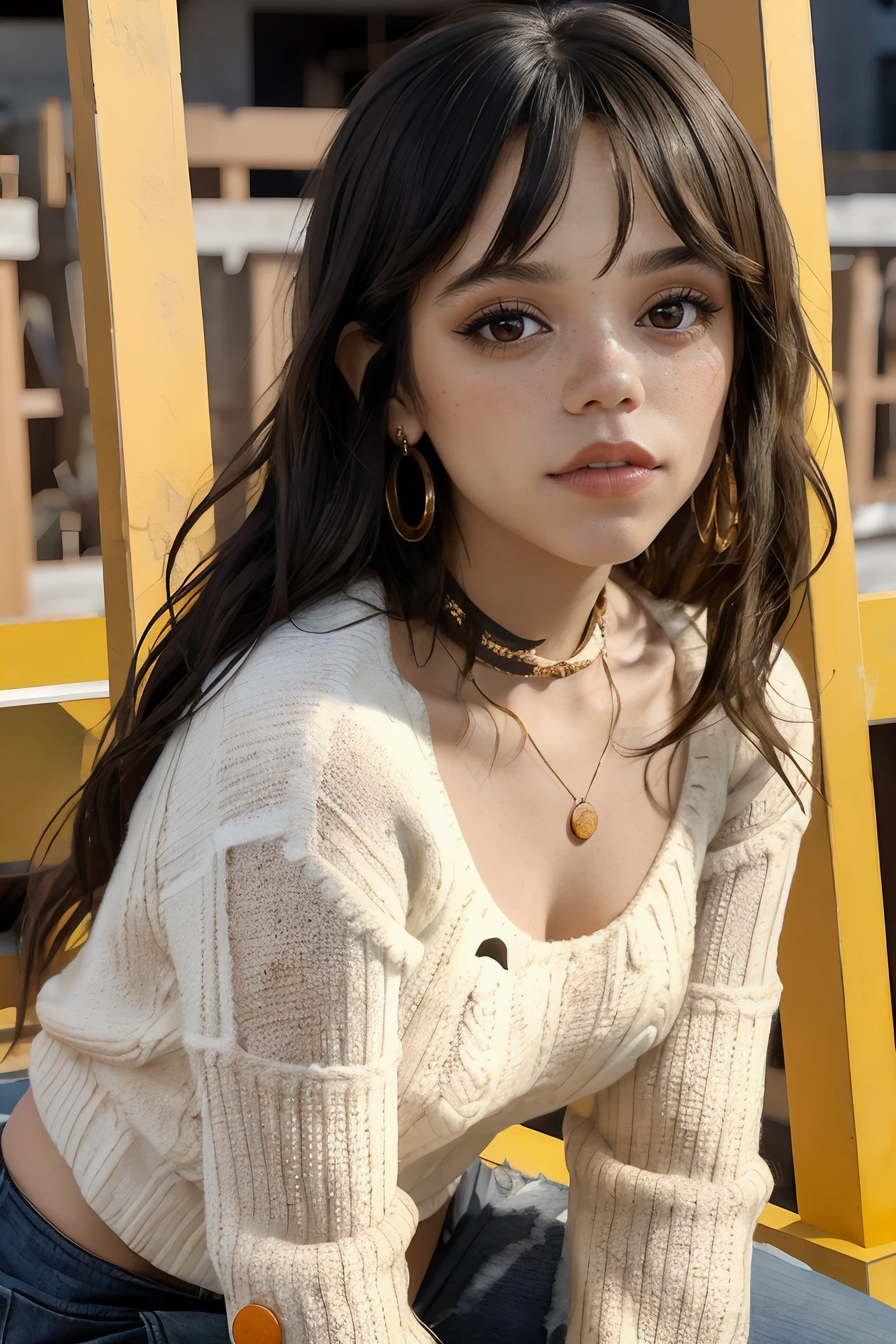 jenna_ortega_v4 wearing halter sweater, long hair, bangs, orange lips, makeup, skinny,
cream wool halter sweater,
medium shot, upper body shot, portrait, sitting on scaffolding with construction project background, soft lighting, close up,
<lora:Jenna_Ortega_V4:0.7>, <lora:breastsizeslideroffset:-0.4>