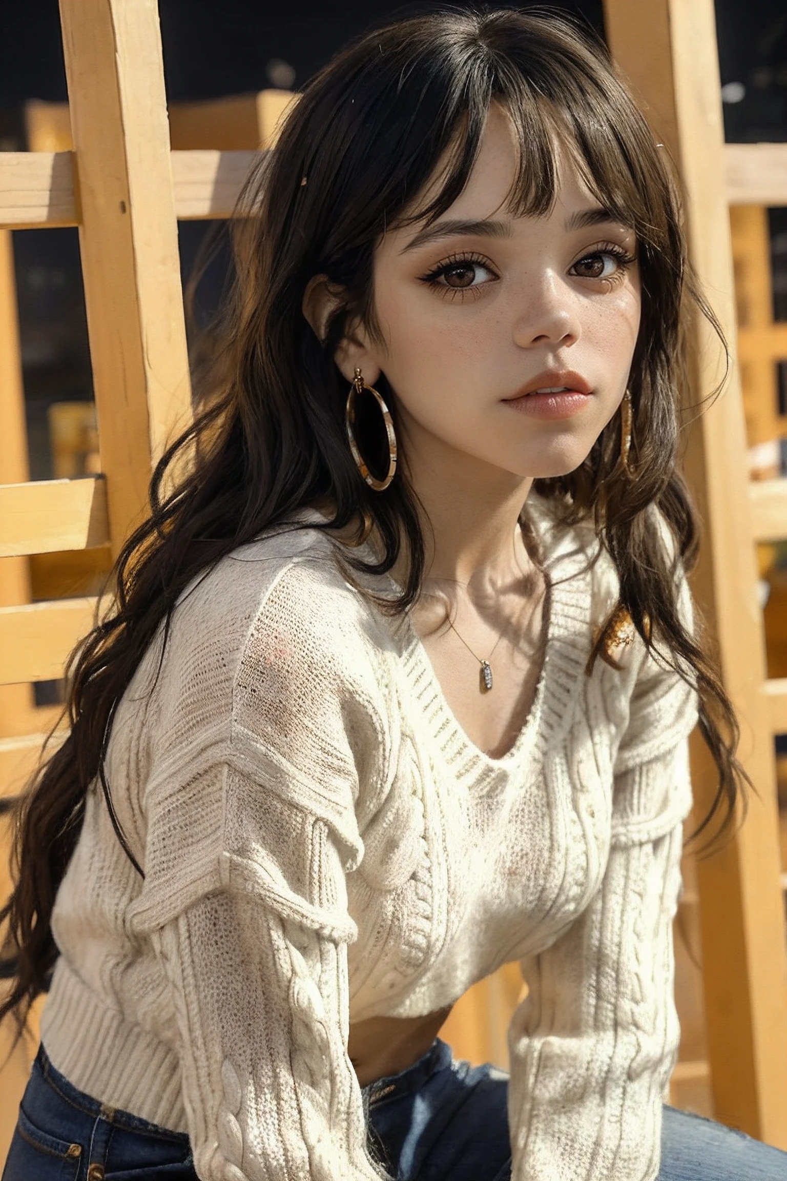 jenna_ortega_v4 wearing halter sweater, long hair, bangs, orange lips, makeup, skinny,
cream wool halter sweater,
medium shot, upper body shot, portrait, sitting on scaffolding with construction project background, soft lighting, close up,
<lora:Jenna_Ortega_V4:0.7>, <lora:breastsizeslideroffset:-0.4>