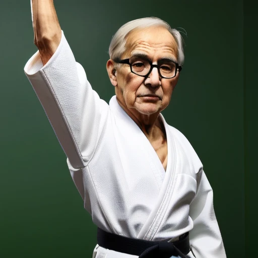 arm up, old man, glasses, <lora:blackbelt_v1:0.7>, black belt