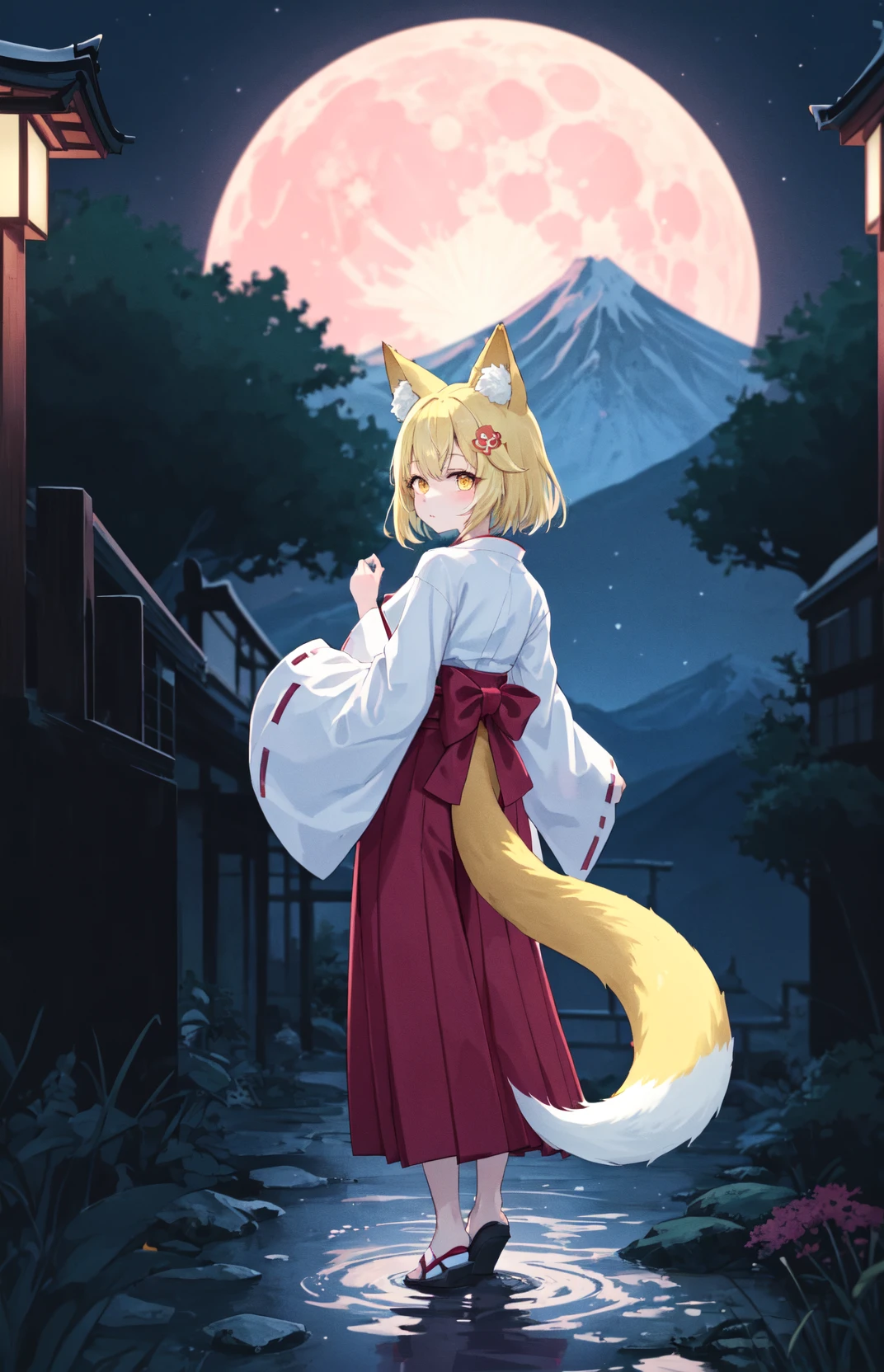 best quality, masterpiece, ultra-detailed,
1girl, animal_ear_fluff, fox girl, fox ears, fox tail, blonde hair, shortcut, yellow eyes, hair ornament, bow, looking at viewer,
miko, red hakama, ribbon trim, long sleeves,
from behind, full body, posing,
ancient japanese temple, mountain, grass, flowers, river, night, dusk, (snowflakes:0.9), moon,