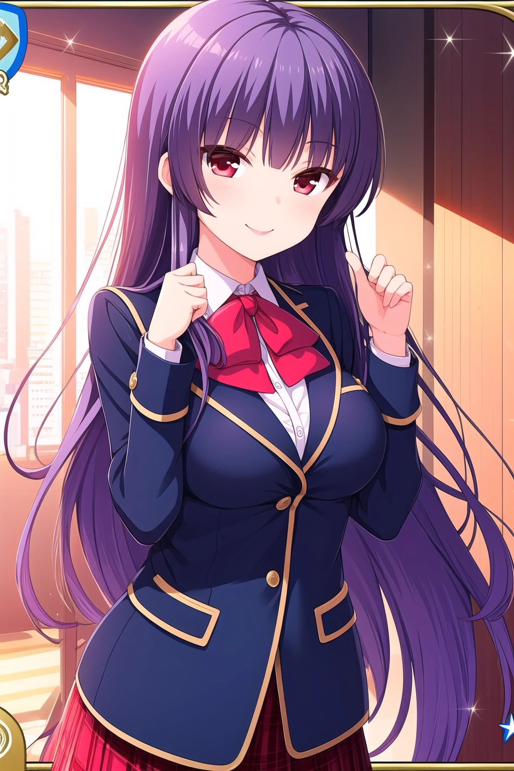 (masterpiece, best quality), highly detailed background, perfect lightingbest quality, kagurazakasaya, solo, purple hair, bangs, very long hair, red eyes, breasts, blue jacket, blazer, white shirt, red bowtie, red skirt, plaid skirt, school uniform, smile, closed mouth, pink lips, <lora:Kagurazaka-Saya:0.7>