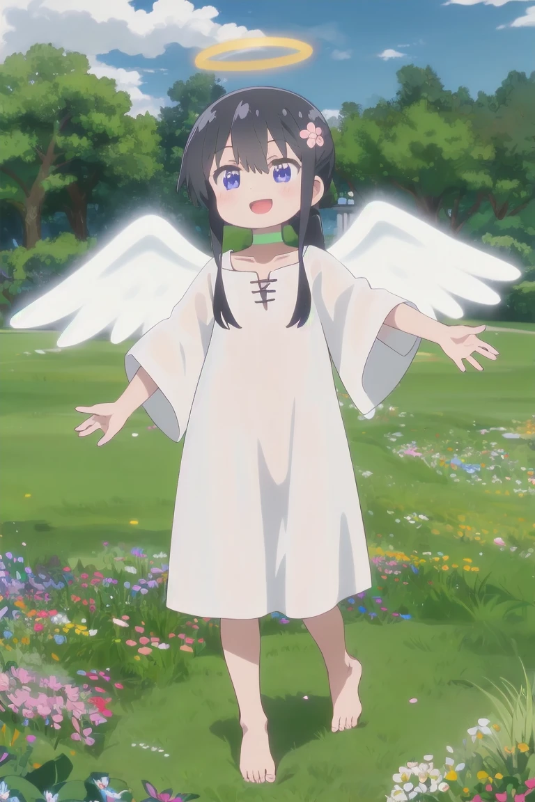 1girl, watahana, smile, open mouth, spread arms,
angel, angel wing, wing, halo, green choker, white dress, wide sleeves, barefoot, many feathers on background,
outdoor, park, grass, flowers, sky, cloud, glowing halo, dynamic angle
<lora:Wataten_Hana-v10:0.9>