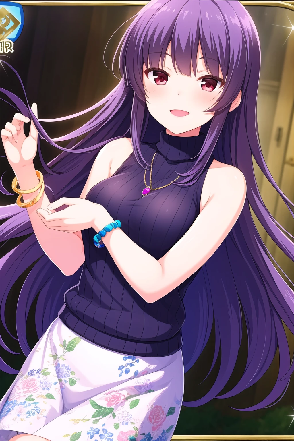 (masterpiece, best quality), highly detailed background, perfect lightingbest quality, kagurazakasaya, solo, purple hair, bangs, very long hair, red eyes, jewelry, turtleneck, necklace, breasts, sleeveless, ribbed sweater, bracelet, white skirt, floral print, smile, open mouth, pink lips, <lora:Kagurazaka-Saya:0.7>