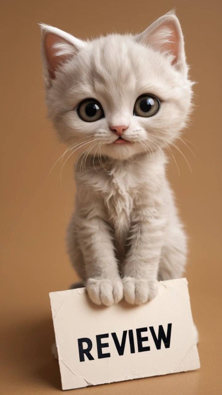 analog raw photo of the adorable anthropomorphic kitten holding the sign "Review"