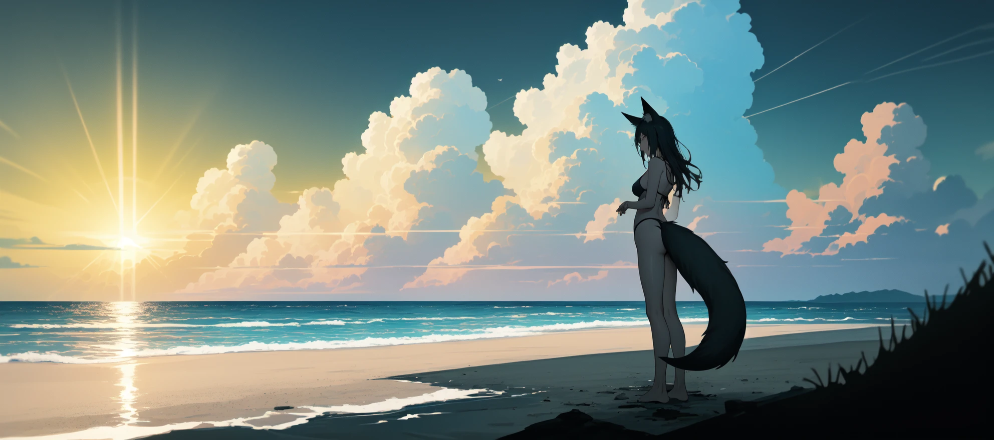 best quality, masterpiece, ultra-detailed, 1girl, fox ears, fox girl, fox tail, swimsuit, full body, posing, emotional, action pose, sea, ocean, beach, cloudy, sunrays, dusk, moon, cloud, sky, outdoors, cloudy sky, leaf, ruins, sunbeam, post-apocalypse, side view, (dark shot:1.1), epic realistic, faded, (neutral colors:1.2), (hdr:1.4), dramatic light