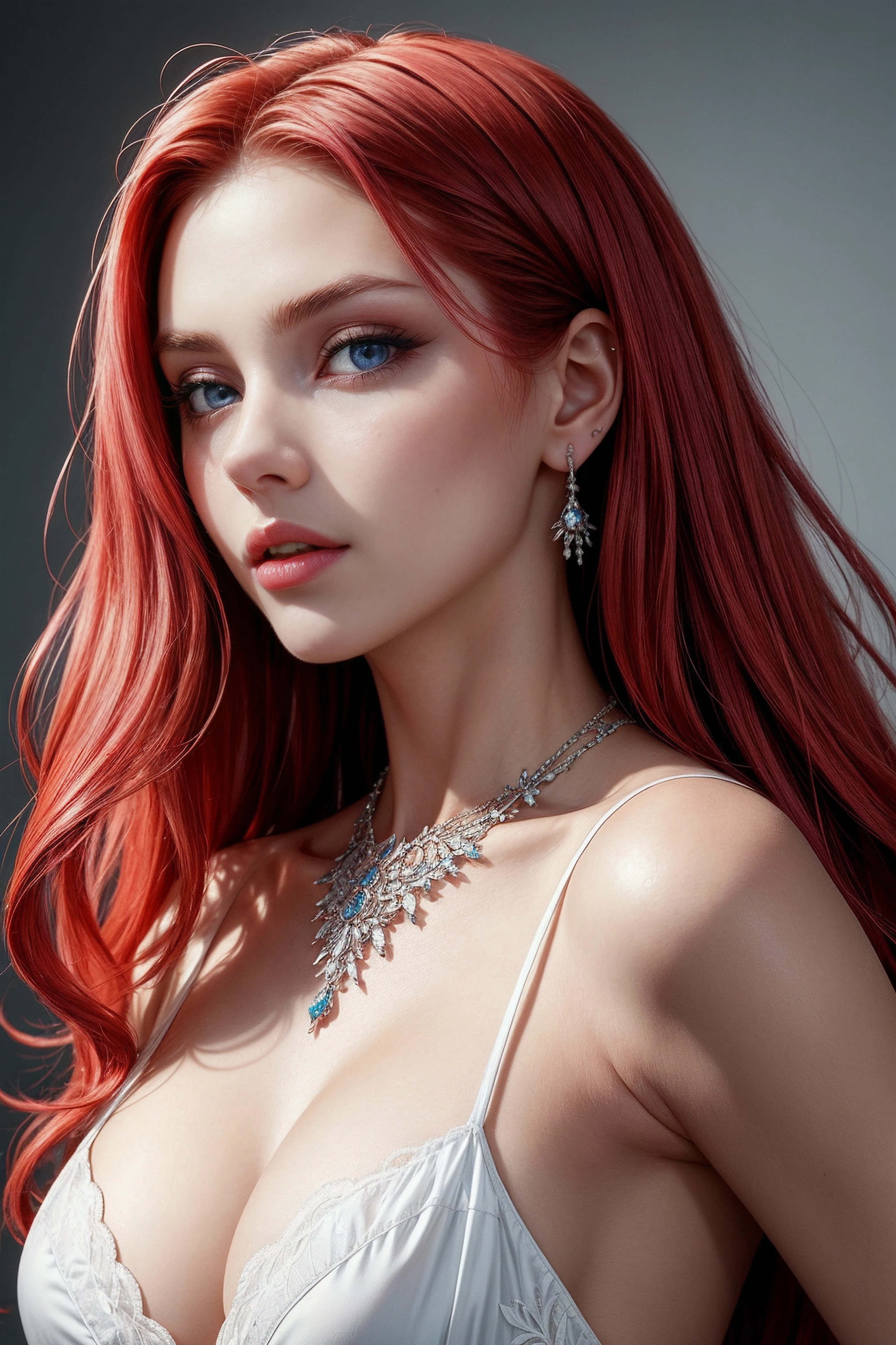 (masterpiece:1.3), (high quality:1.2), (best quality:1.3), detailed, young 20 years old, white skin, succubus race, sensual face, diamond-shaped face, (light blue eyes:1.1), (black eyeshadow:1.1), (semi-arched eyebrows:1.1), (eyelash:1.1), voluminous mouth, (harmonious lips:1.2), makeup brush, (pink lipstick:1.1), height 168cm, weight 48kg, (long hair:1.2), red hair, beautiful face, perfect face, perfect eyes, perfect skin, detailed eyes, detailed hair, detailed face, detailed lips, <lora:more_details:0.2>, <lora:add_detail:0.5>, jewelry necklace, jewelry earring, t-shirt, cleavage,
