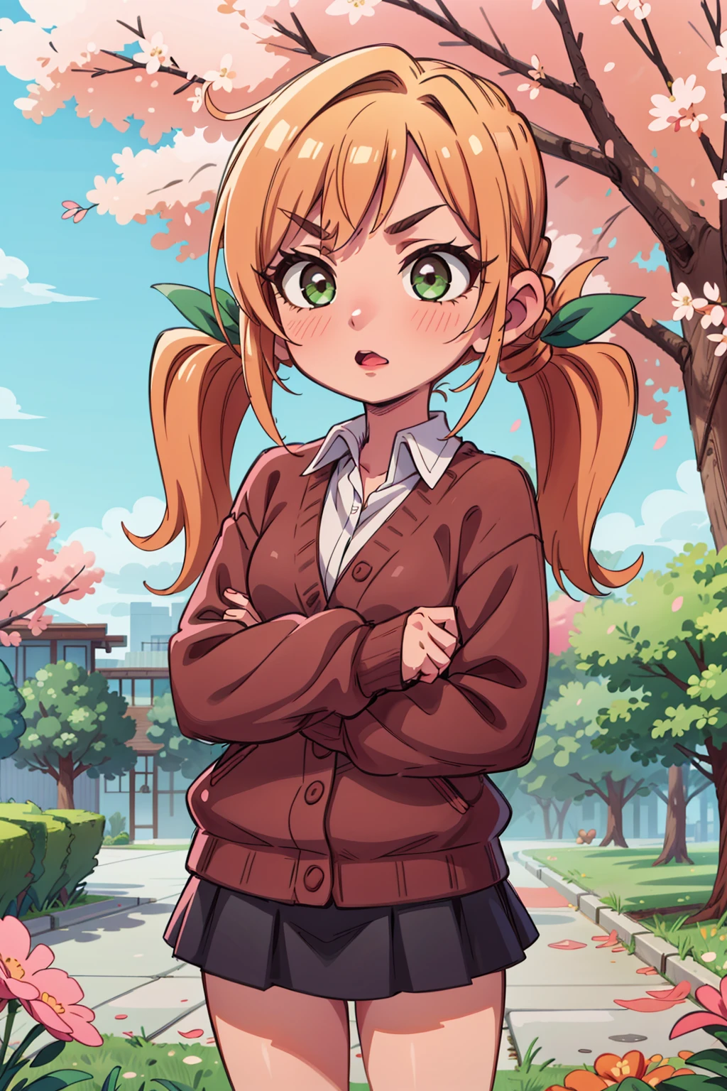 <lora:more_details:0.5>,  <lora:karane-hakari-09:0.7>, karane_wz,vblonde hair, twintails, long hair, hair ribborn, hair ornament, green eyes,v-shaped eyebrows, green ribbon, pleated skirt,miniskirt, black skirt, white shirt, collared shirt, long sleeves, wing collar, brown cardigan, cherry blossoms, tree, :), light blush, wind, beautiful, 1girl, (masterpiece:1.3), (high resolution), (8K), (extremely detailed), (4k), (pixiv), perfect face, nice eyes and face, (best quality), (super detailed), detailed face and eyes, (solo), textured skin, absurdres, highres