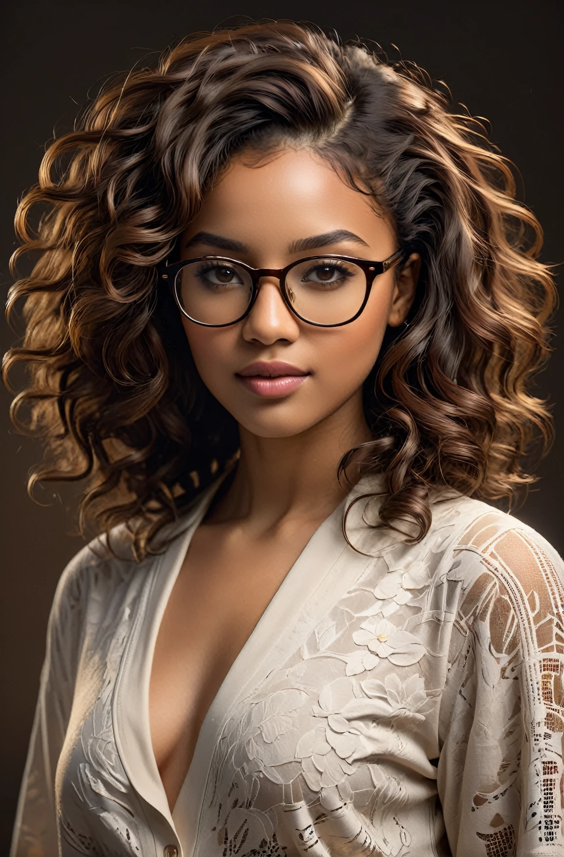 masterpiece of photography, highly detailed photorealistic scene, volumetric lighting, short light skinned black female, long curly with no frizz brown hair, glasses, brown eyes, no imperfections, random dynamic background