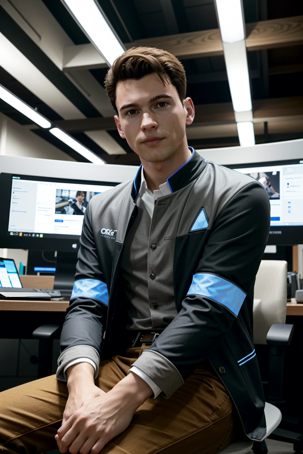 ((masterpiece, best quality))
 <lora:DConnor:0.8>
DConnor, short hair, brown hair, Amidst a high-tech workspace, modern tech-inspired fashion, surrounded by futuristic gadgets, confidently seated with an innovative backdrop