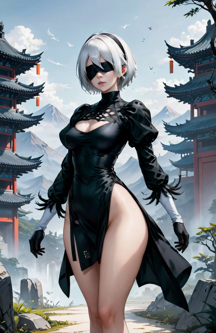 futuristic style, <lora:type2B_XL_0_:1>,type2b,covered_nipples,black_blindfold,black_hairband,black_dress,cleavage_cutout,white_hair,yorha_no._2_type_b,
1girl,(22yo:1.2),Seven headed body,full body,Turning,chinese landscape,, sleek, modern, ultramodern, high tech, detailed