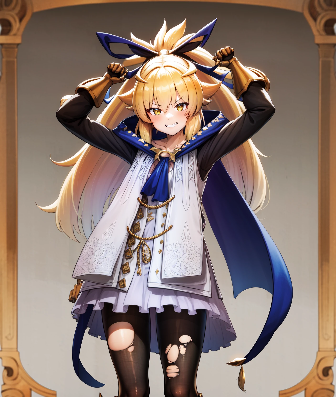 (masterpiece, best quality, highres:1.4), <lora:SofinaLora1:0.9> a beautiful picture of a girl standing and flexing, she is showing off her biceps and upper arm strength, (flexing, biceps, arms up, hands up:1.4), smirk, grin, looking at viewer, flex,
1girl, solo, blonde hair, dress, white dress, long hair, ribbon, yellow eyes, fang, bangs, hair ribbon, hair between eyes, ponytail, blue ribbon, torn clothes, gauntlets, pantyhose, blue cape, boots, long sleeves, hair ornament, v-shaped eyebrows, frills, cloak, torn pantyhose, gloves, skin fang, frilled dress, black pantyhose, collarbone, blush, very long hair, cape, ascot, claws, high ponytail, hood, yellow ribbon, sidelocks, jewelry, blue ascot, armor, sleeves past wrists, wide sleeves, , knee boots, collared dress, blue cloak, armored boots, claw (weapon), shoes, flat chest, coat, white footwear, duel monster,