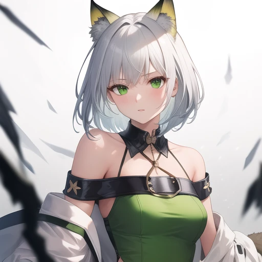 masterpiece,best quality,absurdres,highres,1girl,solo,upper body,(portrait:1.2),animal_ears,green_dress,green_eyes,looking_at_viewer,cat_ears,black_footwear,animal_ear_fluff,long_sleeves,bare_shoulders,green_hair,high_heel_boots,see-through_sleeves,bangs,open_clothes,medium_hair,ankle_boots,short_hair,white_coat,off-shoulder_dress,detached_collar,<lora:Kal'tsit(ark)>,