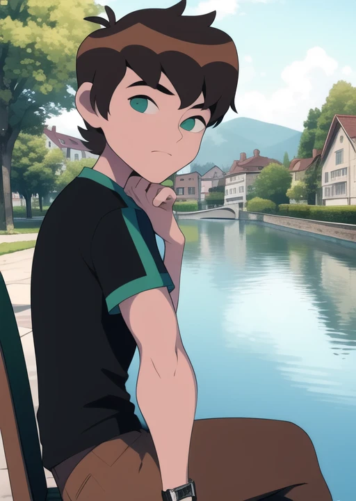 <lora:benov-04:1> benov, sitting on bench, outdoors, river background, European houses, ,, masterpiece, best quality