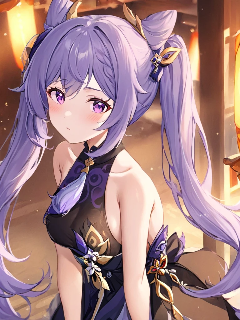Purple eyes,purple hair,<lora:keqing3x_xl:1>,lifu,1girl,breasts,keqing (genshin impact) ï¼purple hair ï¼twintailsï¼ hair ornament ï¼bare shoulders ï¼cone hair bun ï¼dress ï¼hair bun ï¼black dress ï¼lifu
dress ï¼