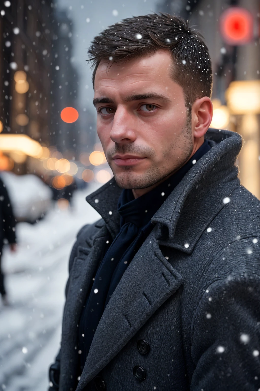 (close-up, portrait, solo, male), 1989 hasselblad portrait of a middle aged french businessman, overcoat, city street, soft lighting, sharp focus, skin texture, extremely detailed, snowing, winter,