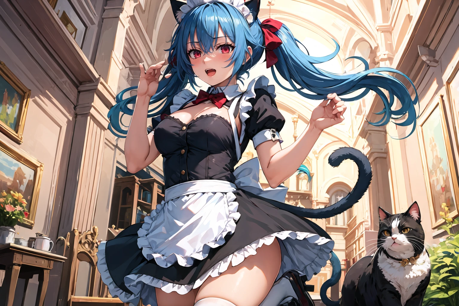 masterpiece, 1girl,  cat ears, cat tail, cat girl, maid dress, maid apron, maid tiara, jumping, happy,  blue hair, red eyes,  hands up, long hair, absurdly long hair, twintails, full body, cowboy shot, <lora:Misaka120003-Style:1>