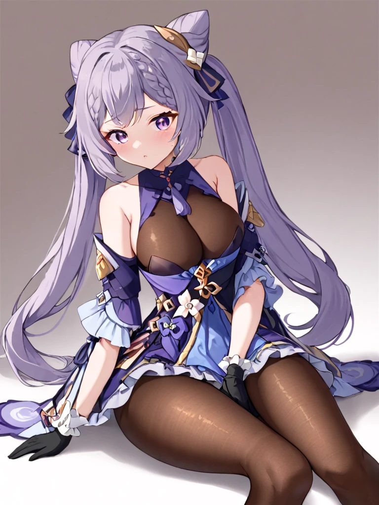 <lora:keqing3:1>,guanfu,1girl,keqing (genshin impact),solo,gloves,hair bun,pantyhose,cone hair bun,purple hair,hair ornament,twintails,looking at viewer,long hair,purple eyes,crossed legs,bare shoulders,sitting,dress,detached sleeves,braid,frills,breasts,black pantyhose,pout,bangs,brown pantyhose,white background,head rest,double bun,black gloves,:t,frilled sleeves,two-tone background,