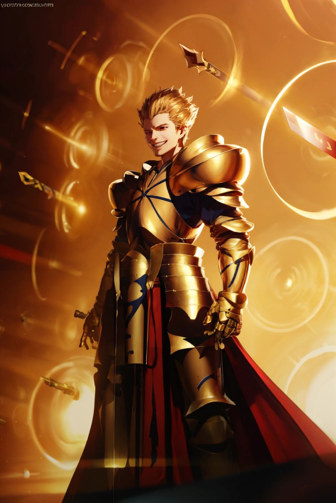 <lora:Gate_of_****lon-09:1>gate_of_****lon, 1 boy, solo, glowing circles in background, sword, back lighting, raised arm <lora:Gilgamesh:0.8> GilgameshFull, grin, gold armor