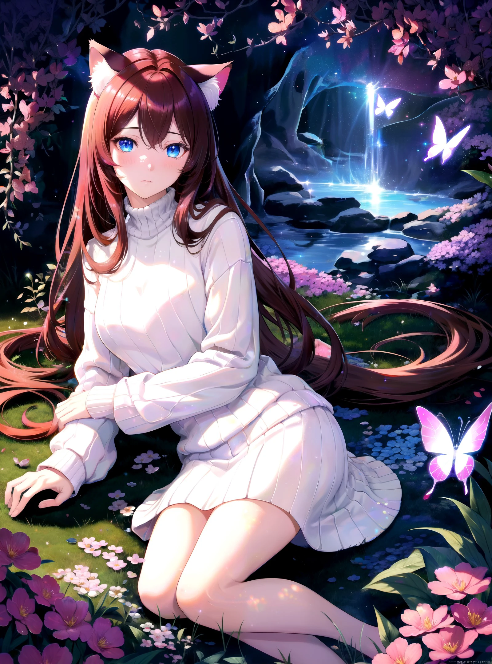 (masterpiece, best quality, highres), anime art style, pixiv, 1girl, lying, solo,
BREAK
flowers, petals, rim lighting, cave, crystals, light particles, butterfly, vegetation,
lens flare, light scatter, depth of field, lens refraction, dark,
BREAK
dark red hair, long hair, blue eyes, straight hair, cat ears, blush,
medium breasts, mature female, white sweater, emotional, looking afar,