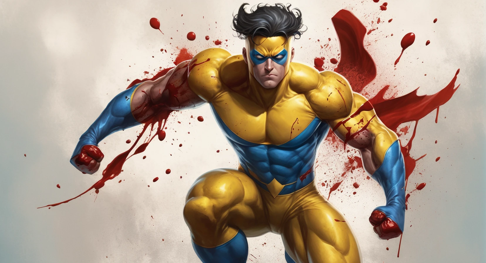 concept art of  <lora:Invincible:1.5>
Invincible a man in a torn yellow superhero costume and blue boots with a bloody arm and a fist and squishy blood all over him with a bodybuilding ribbed body and a broken oval white eyes , digital artwork, illustrative, painterly, matte painting, highly detailed