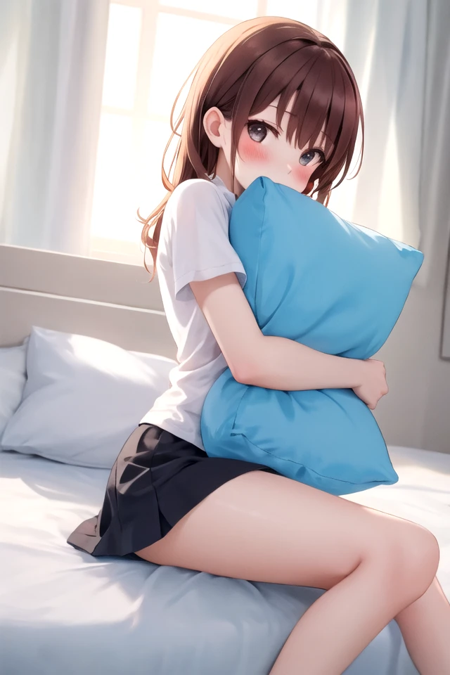 masterpiece, best quality, absurdres, extremely detailed, illustration, cute, perfect lighting, 1girl, solo, <lora:pillow_v3-000010:1>, pillow hug, on bed, spoken blush, lying, from side