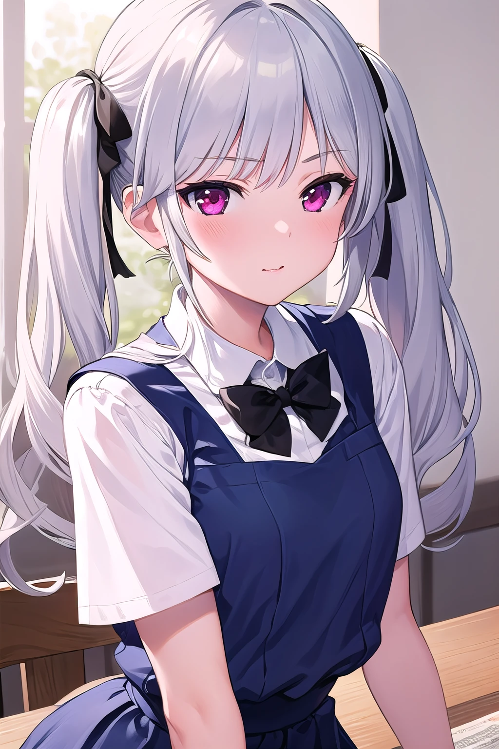 masterpiece, best quality, ultra-detailed, 1girl, kazami kazuki, silver hair, twintails, purple eyes, school uniform, black bow,