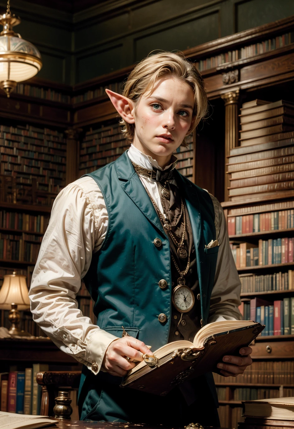 (masterpiece, (realistic painting), (ultra detailed), fantasy art, Dynamic light, (ultra detailed shadow), epic realistic, dramatic light, ligh highlights, (medieval), ((elf)), (Male), (green eyes), thin face, slender, blond hair, (waivy hair), ((victorian clothes)), vintage vest, dark green white, (reading a book that is in a table), ((holding a pocket watch)), ((messy library background)) ,magichands