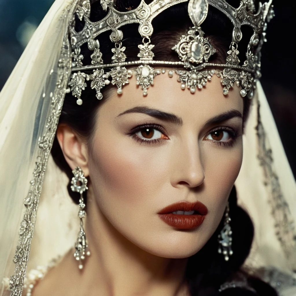 cinematic film still of  <lora:Female Vampire 2:1>
Female Vampire monica bellucci a pale skin ice cold vampire woman with a vampire makeup in a brides of dracula costume with a rusty crown on her head in year 1897, shallow depth of field, vignette, highly detailed, high budget, bokeh, cinemascope, moody, epic, gorgeous, film grain, grainy